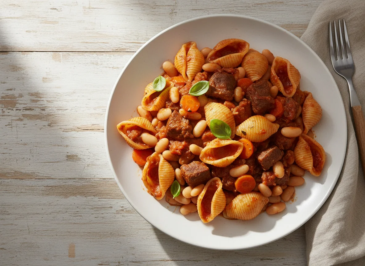 Pasta shells with stewed beans and meat photo