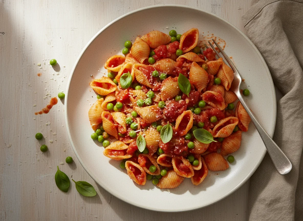 Pasta shells with tomato sauce and peas photo