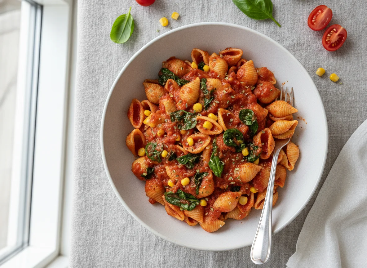 Pasta Shells with Tomato Sauce and Vegetables photo