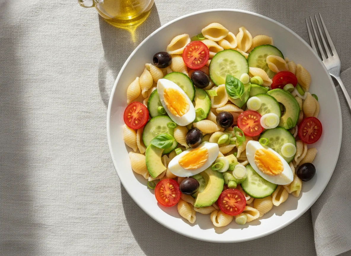 Pasta shells with vegetable salad photo