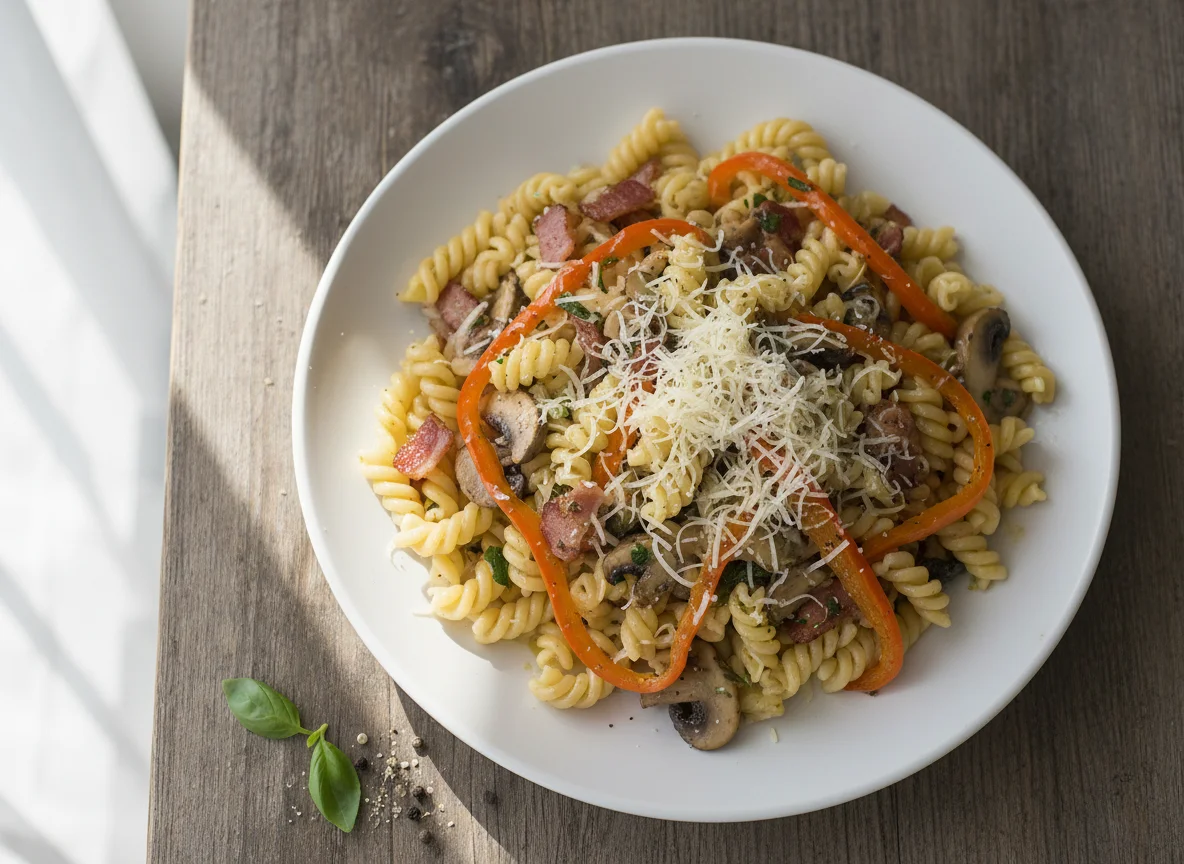 Pasta with Bacon, Mushrooms, and Peppers photo