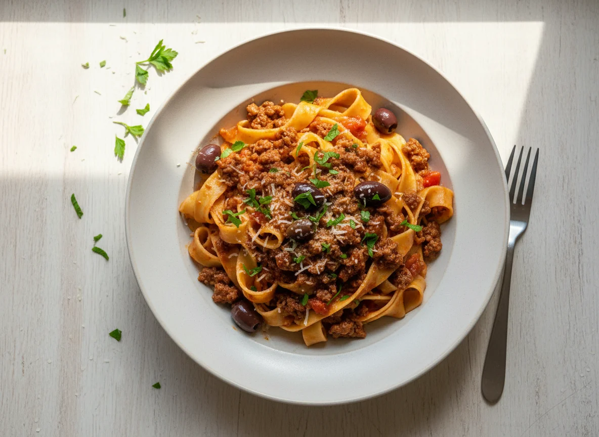 Pasta with Beef and Olive Sauce photo