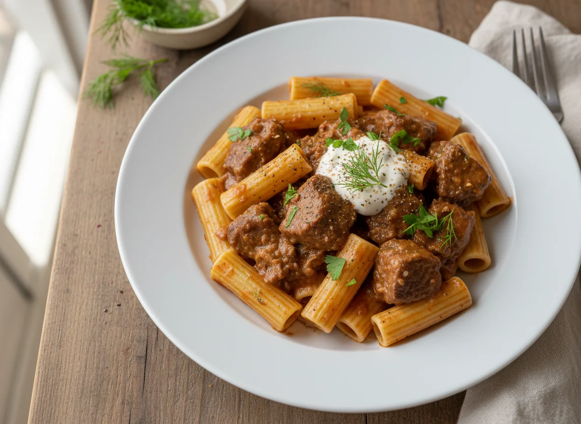 Pasta with Beef Stroganoff style sauce photo