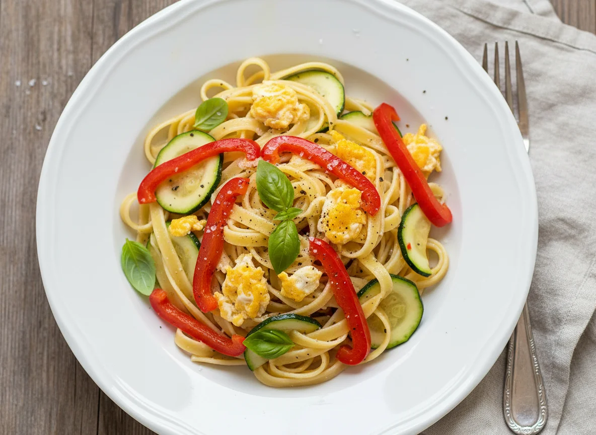 Pasta with Bell Peppers and Zucchini Scrambled Eggs photo