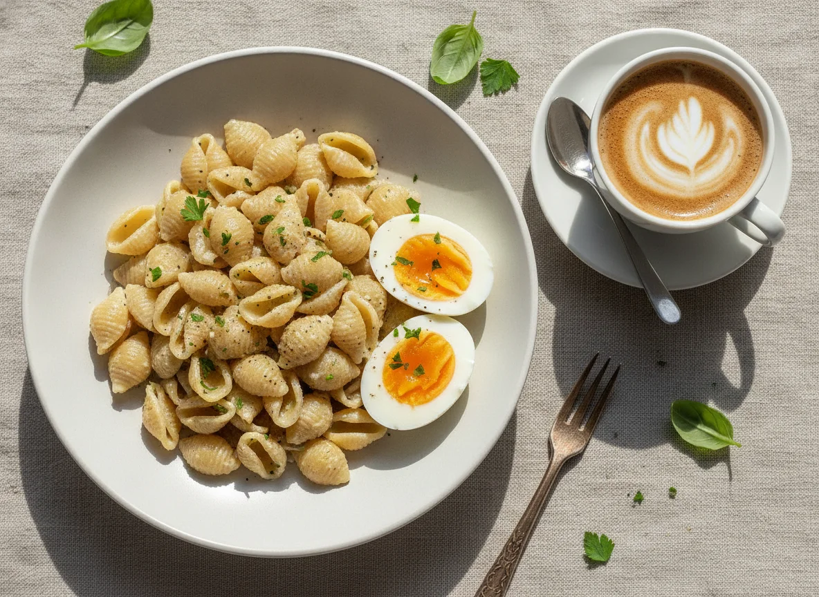 Pasta with boiled eggs and coffee photo