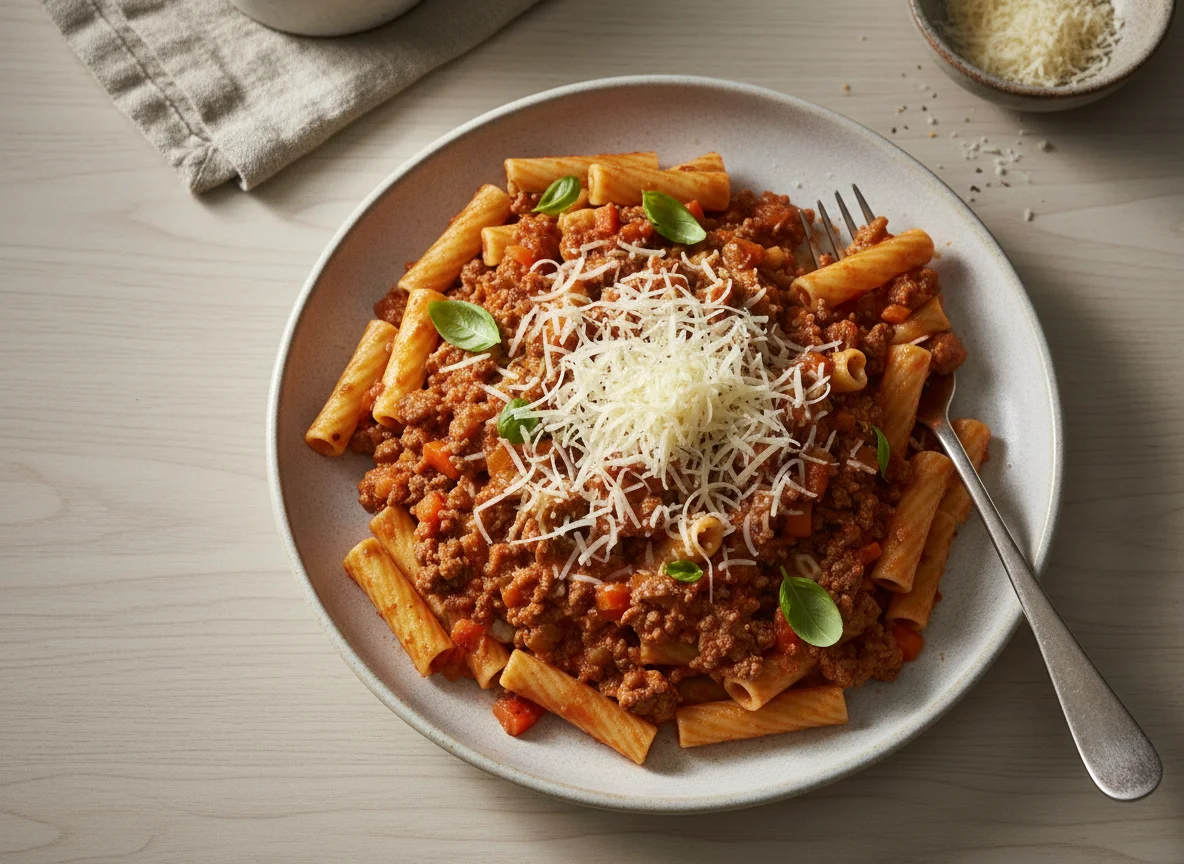 Pasta with Bolognese Sauce and Cheese photo