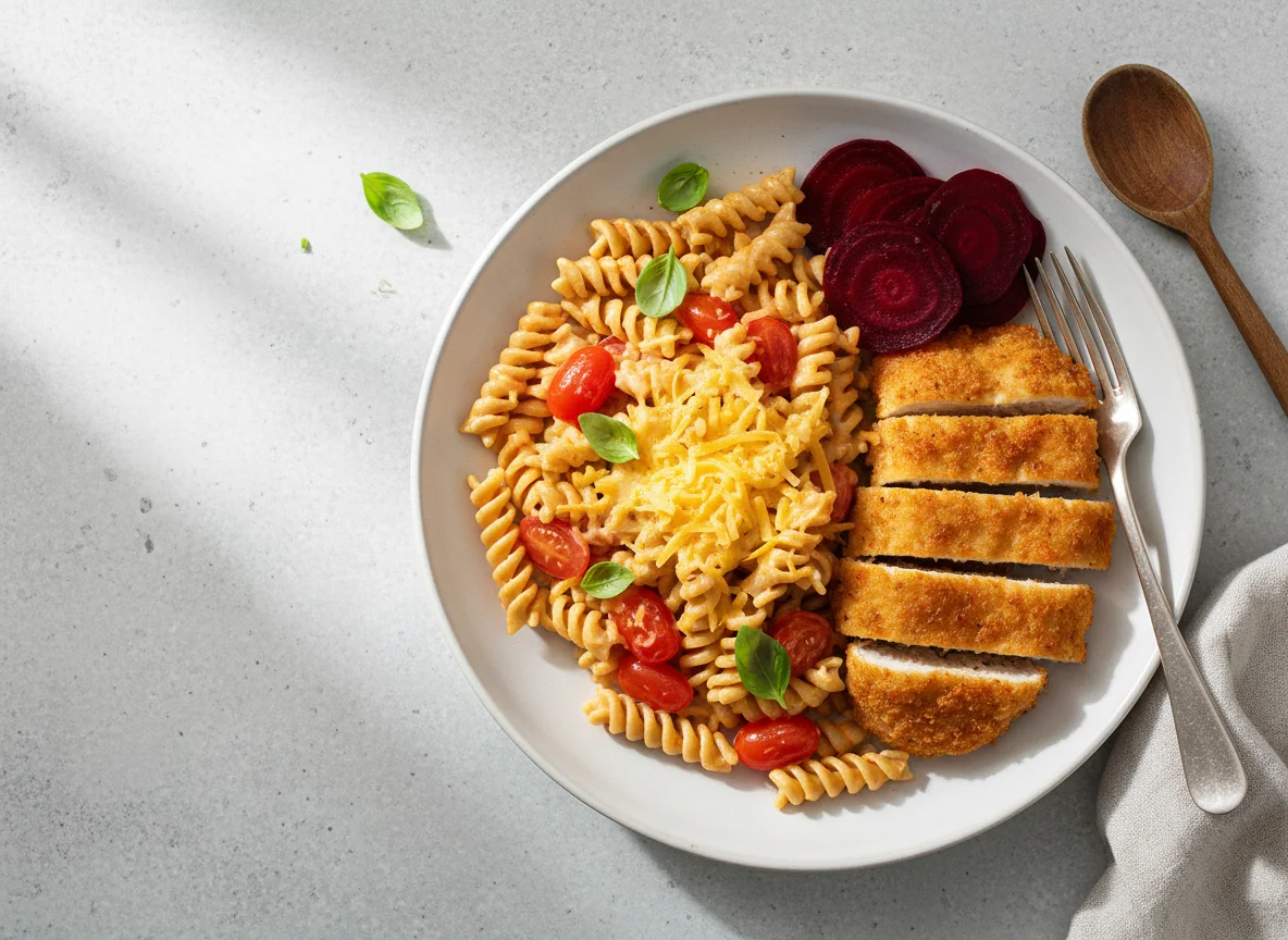 Pasta with breaded chicken, cheese, and beetroot photo
