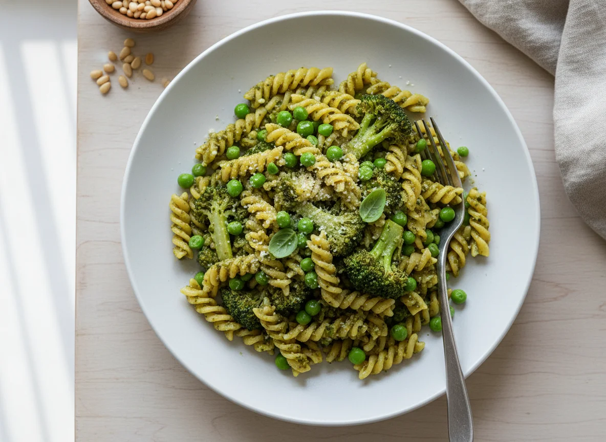 Pasta with Broccoli and Peas in Pesto Sauce photo