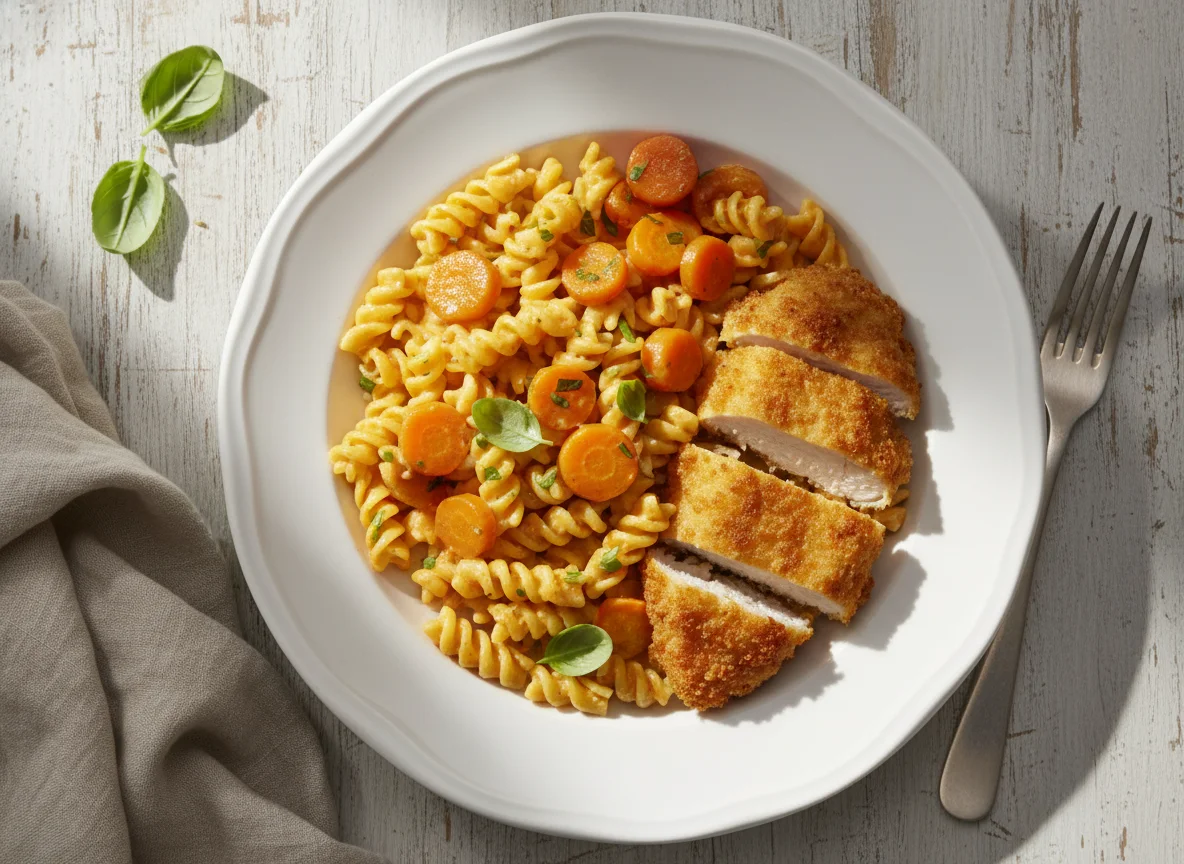 Pasta with Carrots and Breaded Chicken photo