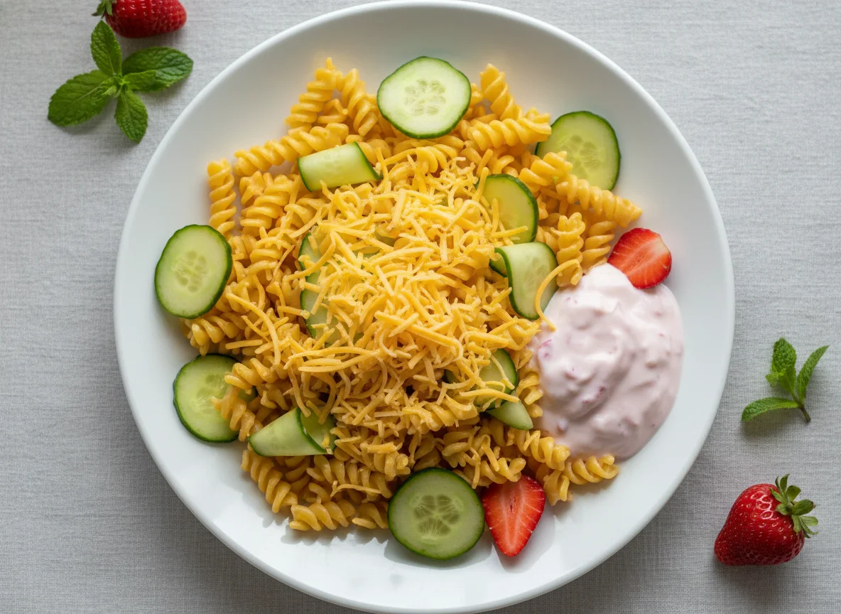Pasta with Cheese, Cucumber, and Strawberry Yogurt photo