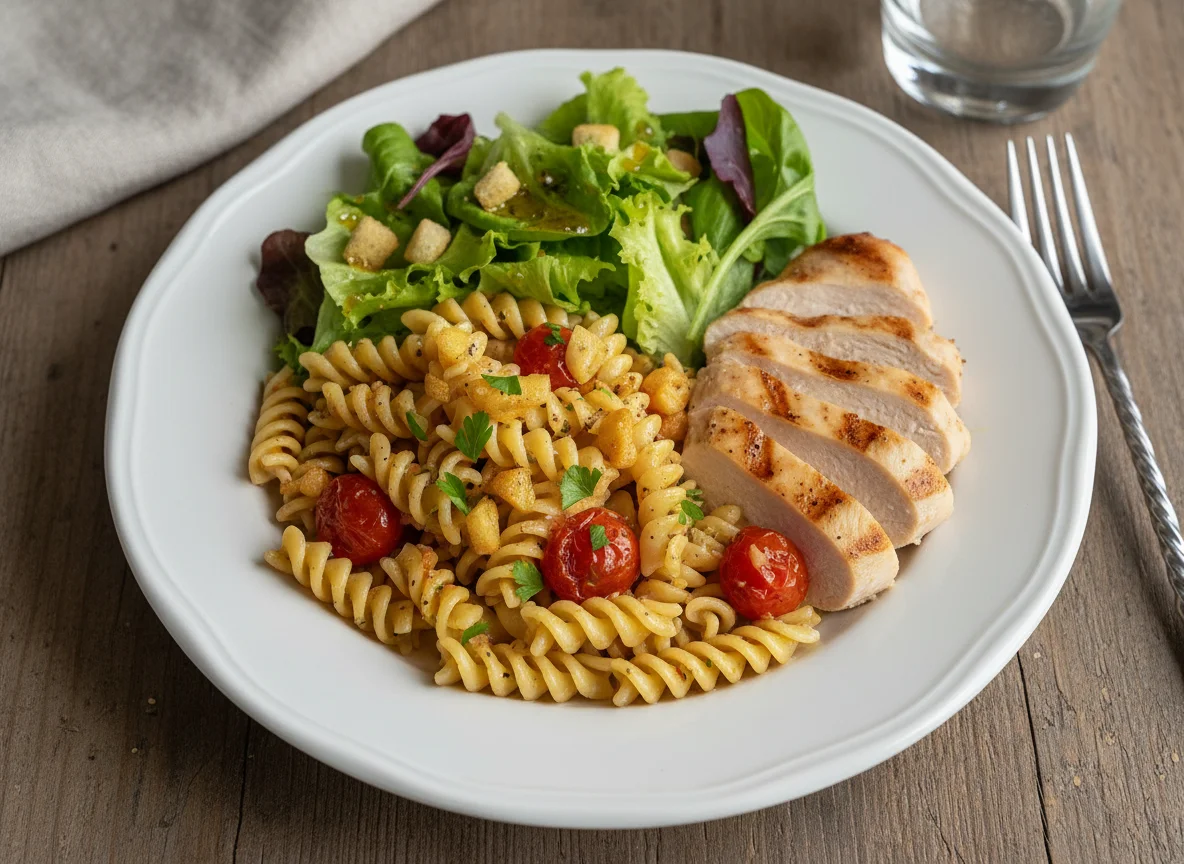 Pasta with Chicken and Lettuce Salad photo