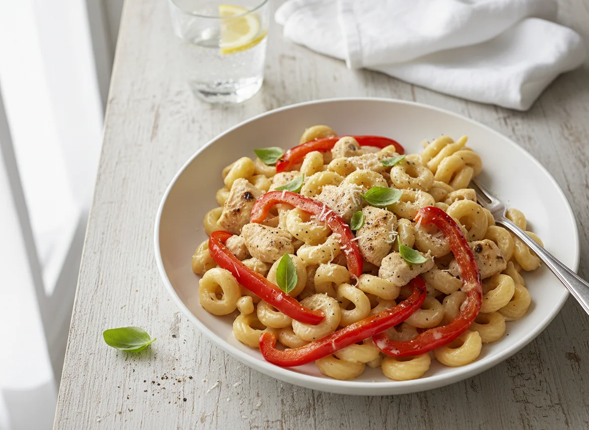 Pasta with Chicken and Red Pepper in Cream Sauce photo