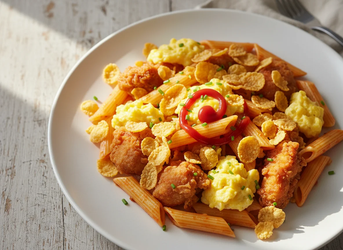 Pasta with Chicken and Scrambled Eggs photo