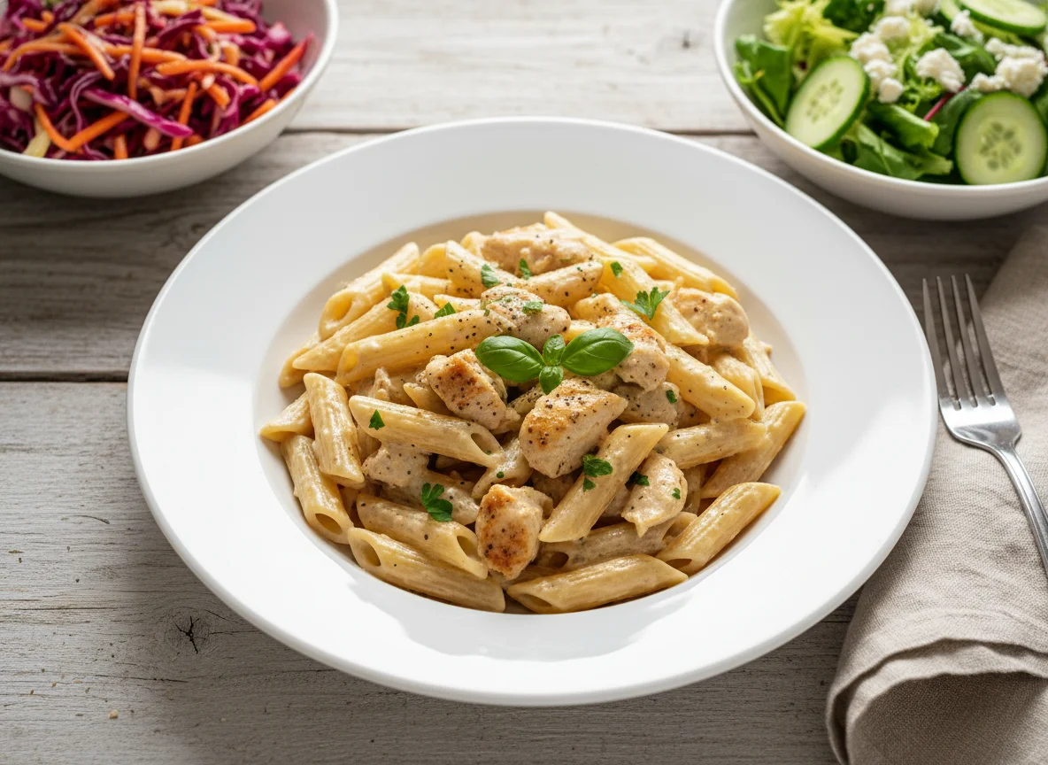 Pasta with chicken and two salads photo