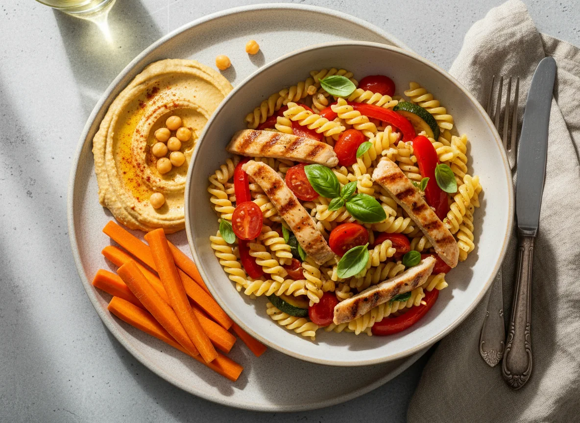 Pasta with Chicken and Vegetables, Carrots and Hummus photo