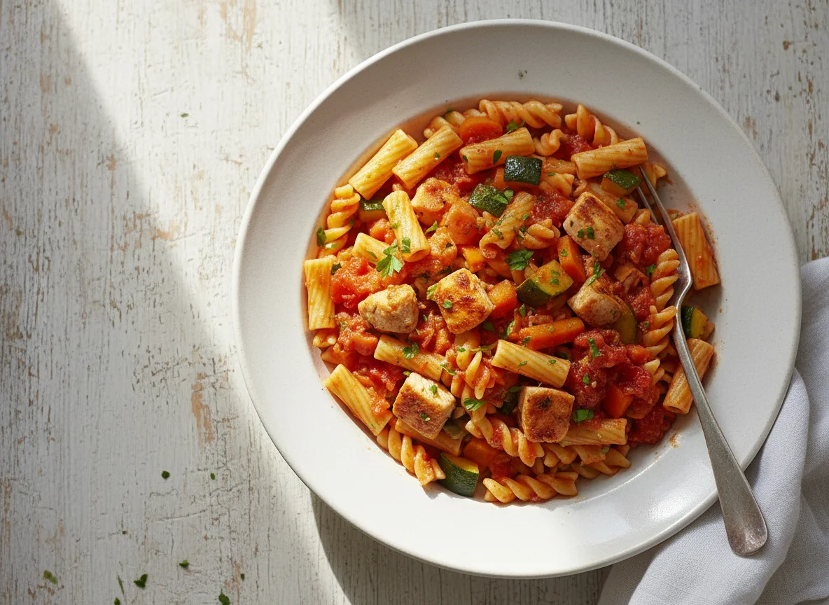 Pasta with Chicken and Vegetables in Tomato Sauce photo