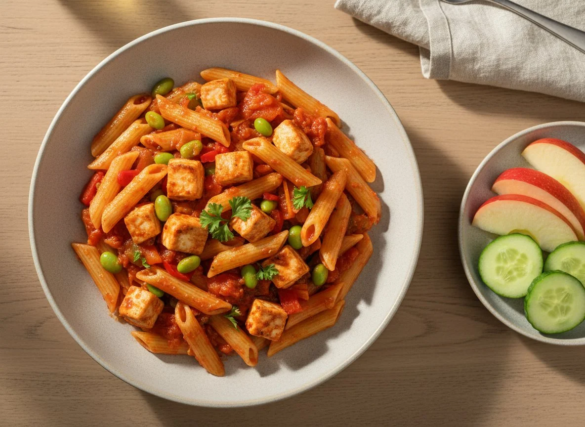 Pasta with chicken and vegetables, with a side of apple and cucumber photo