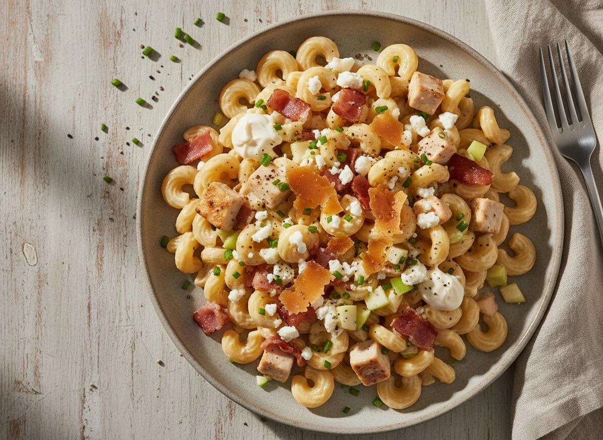 Pasta with Chicken, Bacon, Apple, Cheese and Mayonnaise photo