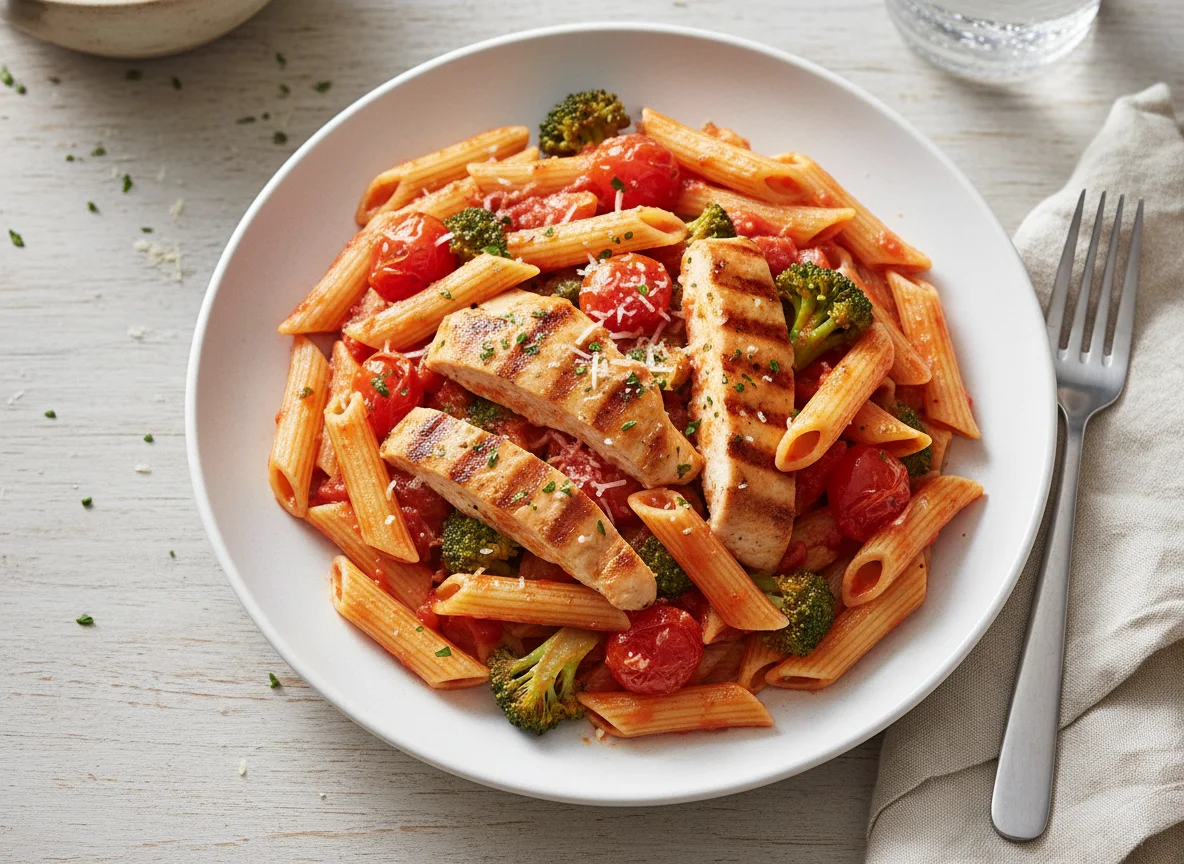 Pasta with Chicken, Broccoli, and Tomato Sauce photo
