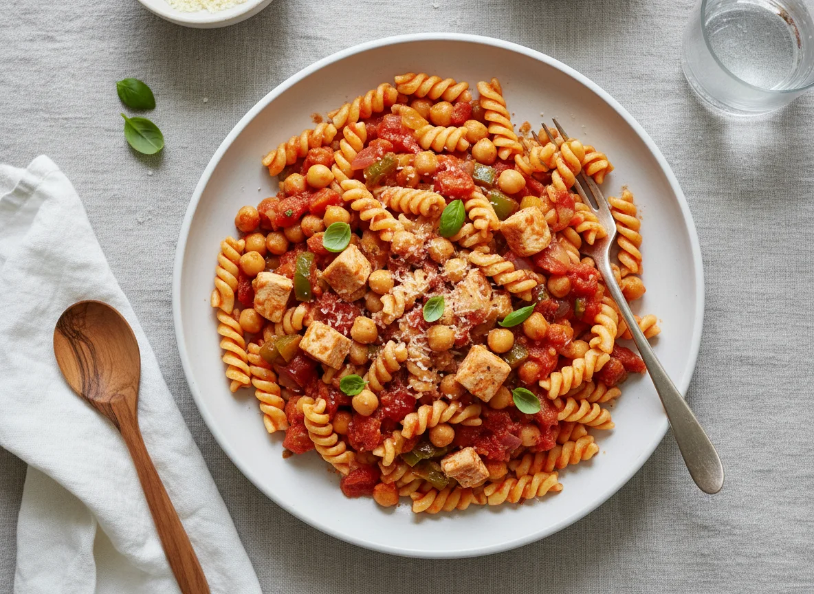 Pasta with Chicken, Chickpeas and Vegetable Tomato Sauce photo
