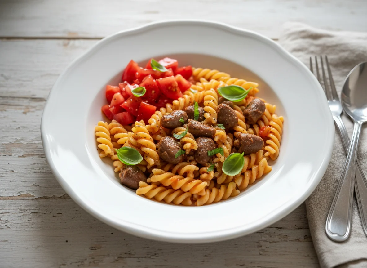 Pasta with Chicken Hearts and Tomato Salad photo