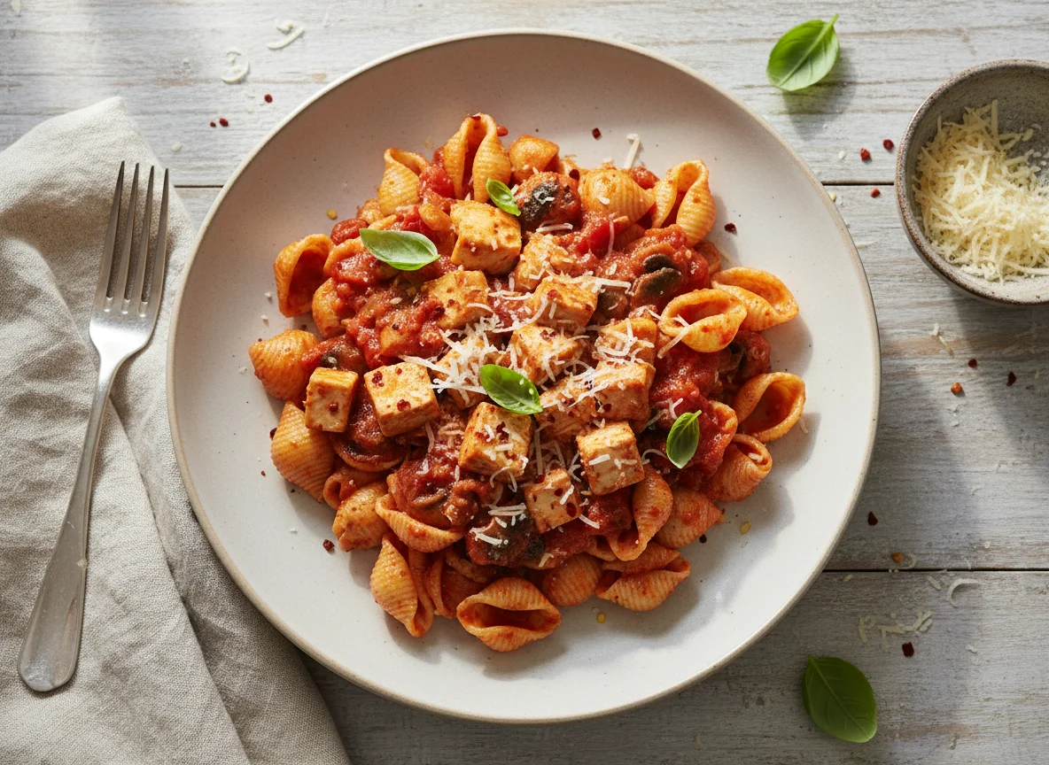 Pasta with Chicken, Mushroom Tomato Sauce and Cheese photo