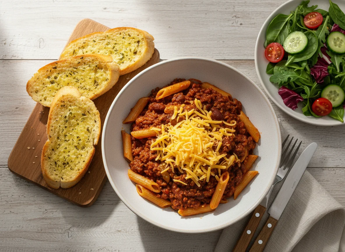 Pasta with Chilli Con Carne, Garlic Bread and Side Salad photo