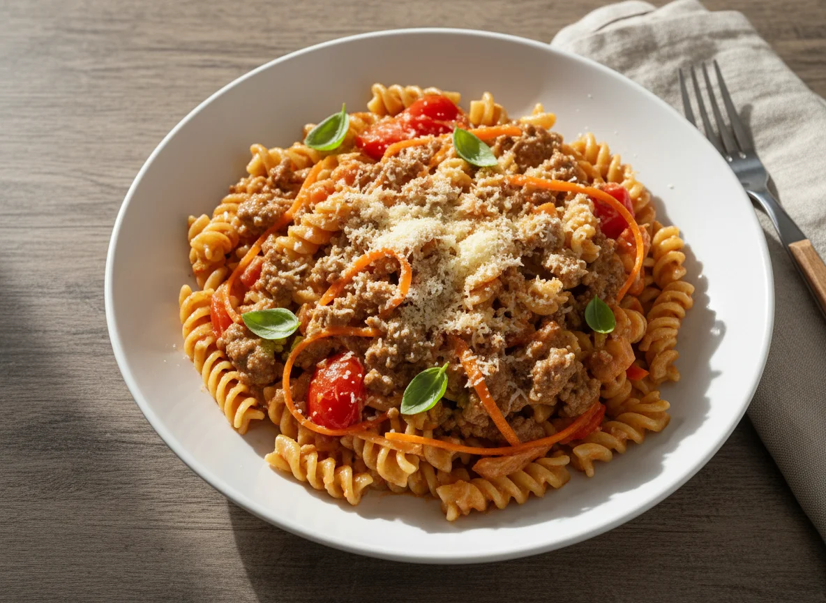 Pasta with creamy meat sauce and shredded carrots photo