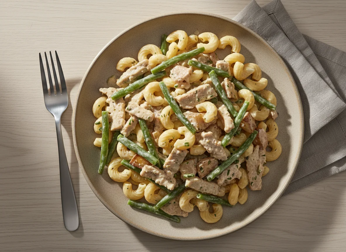 Pasta with Creamy Meat Substitute, Potatoes, and Green Beans photo