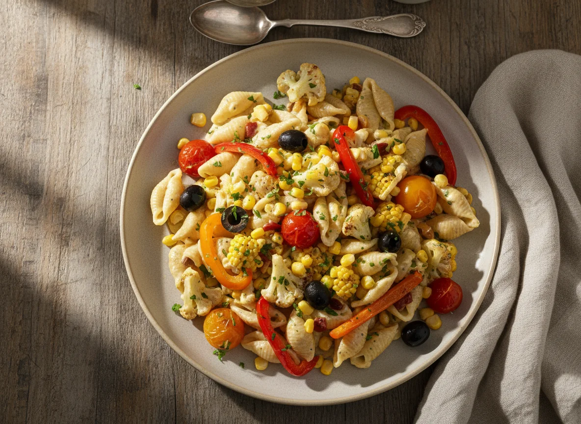 Pasta with Creamy Sauce, Corn, Cauliflower, and Vegetables photo