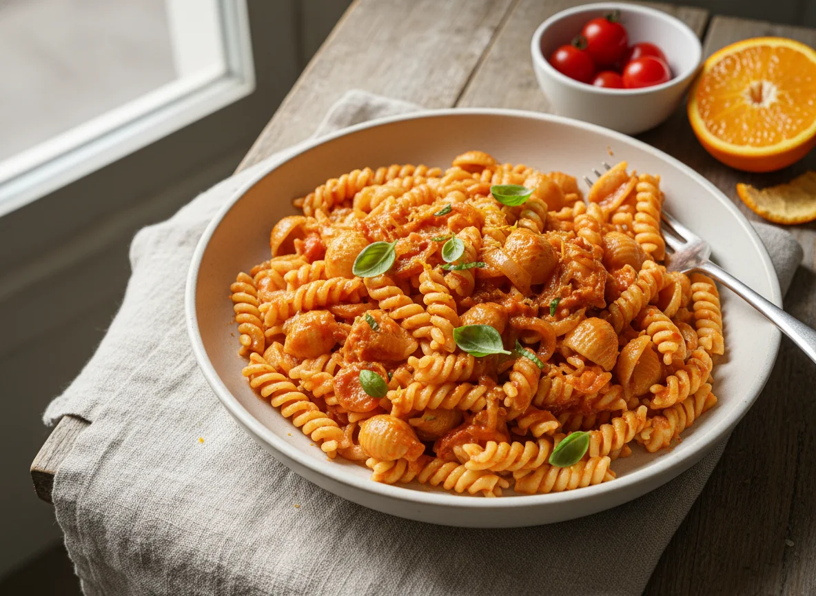 Pasta with creamy tomato sauce photo