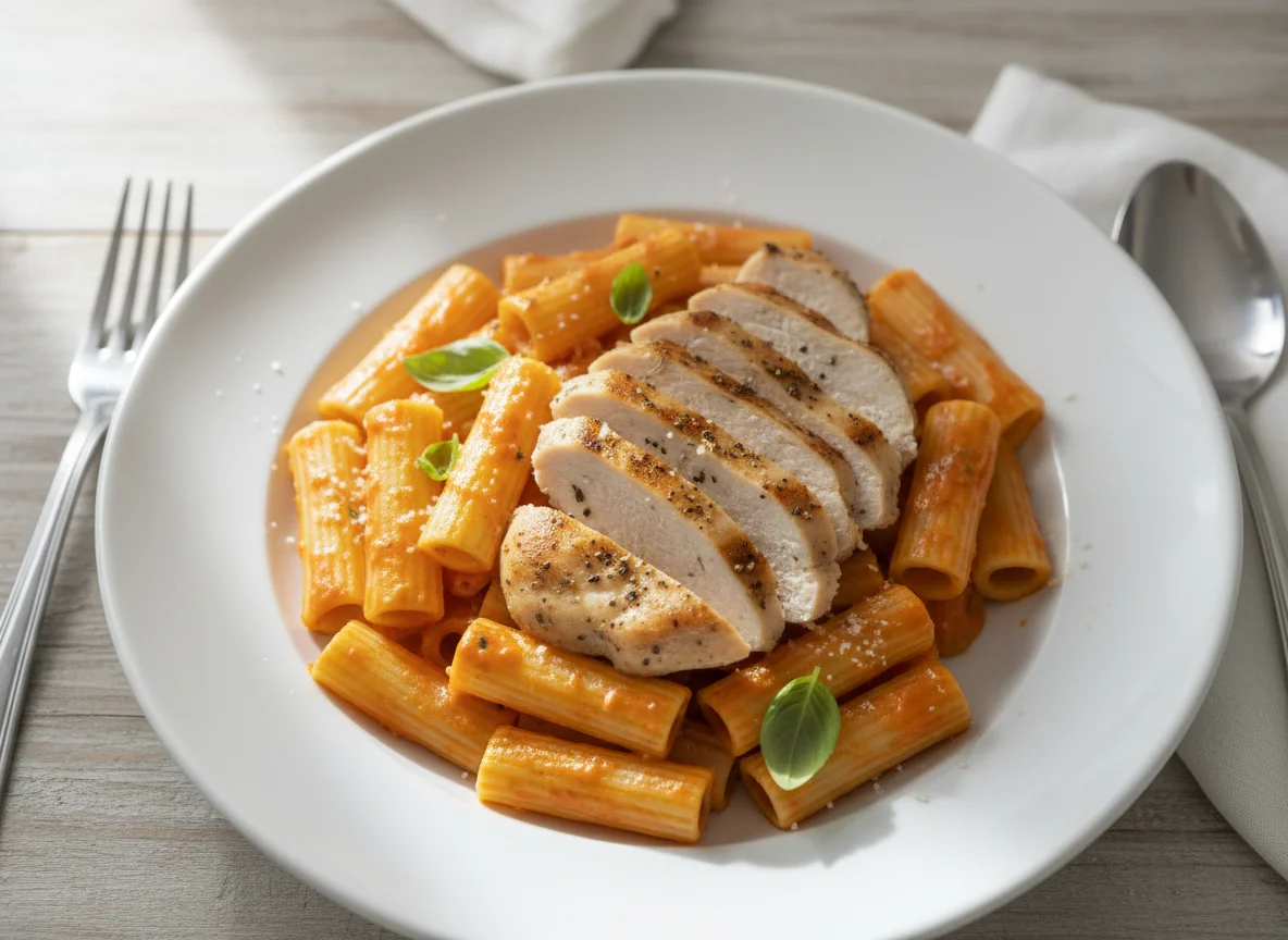 Pasta with creamy tomato sauce and chicken photo