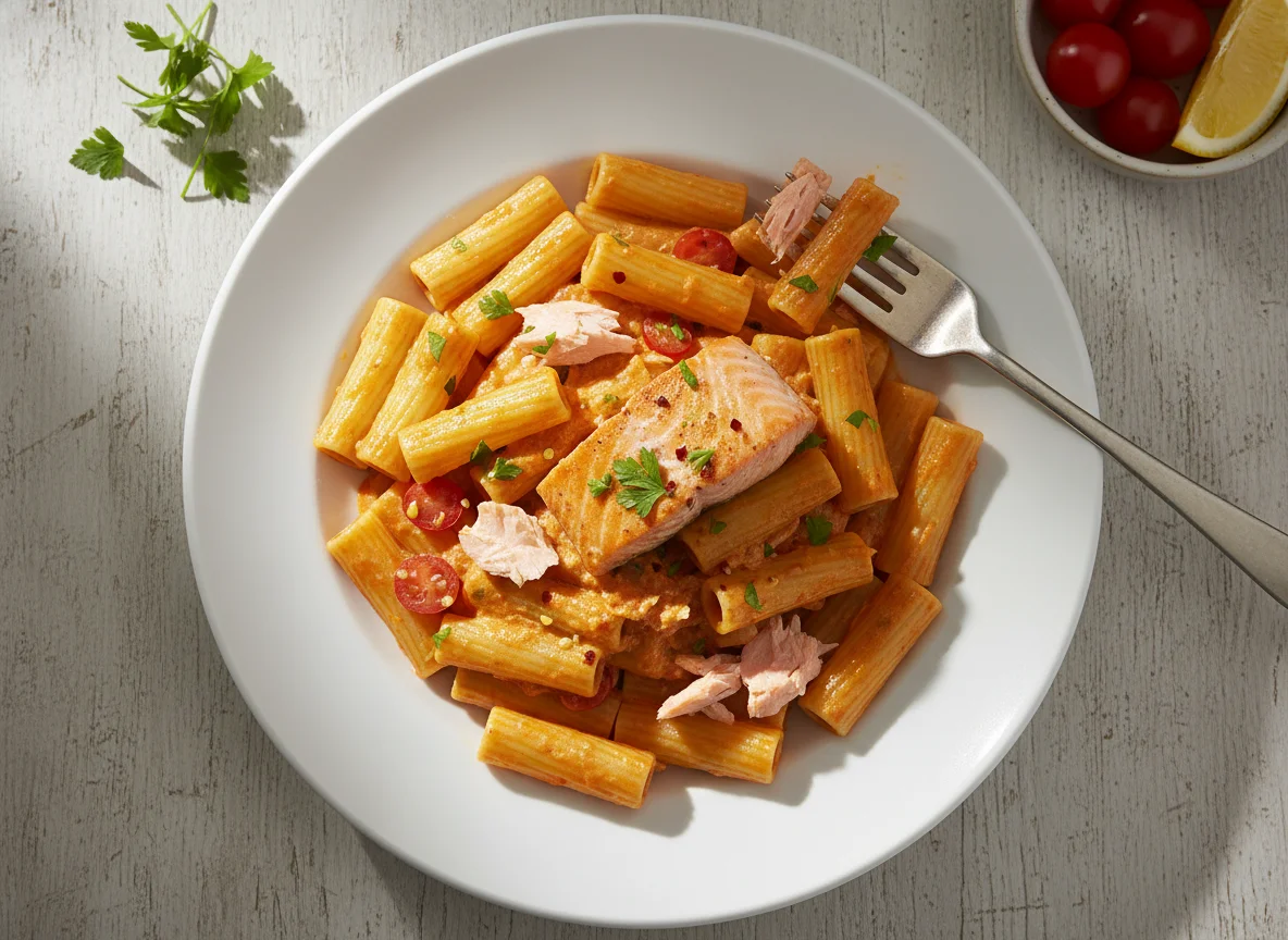 Pasta with creamy tomato sauce and fish photo