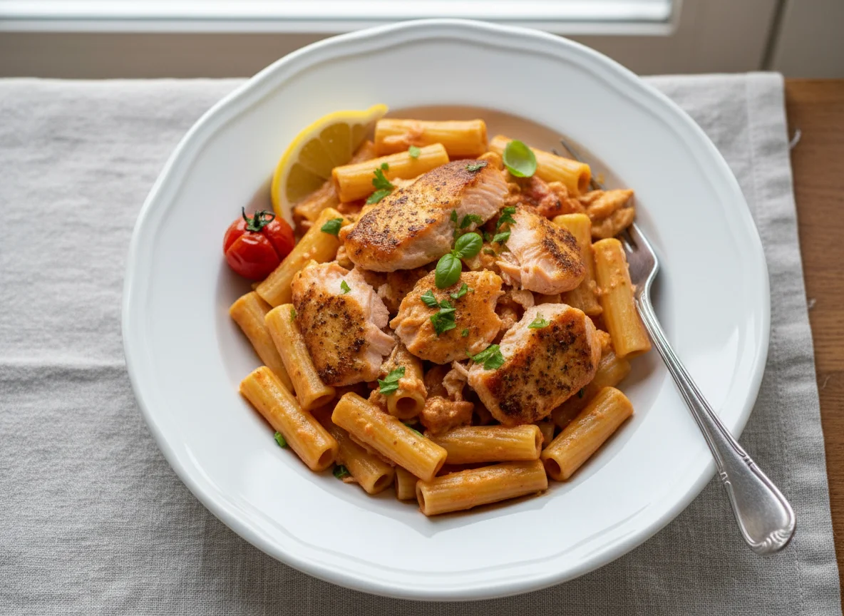 Pasta with Creamy Tomato Sauce and Salmon photo