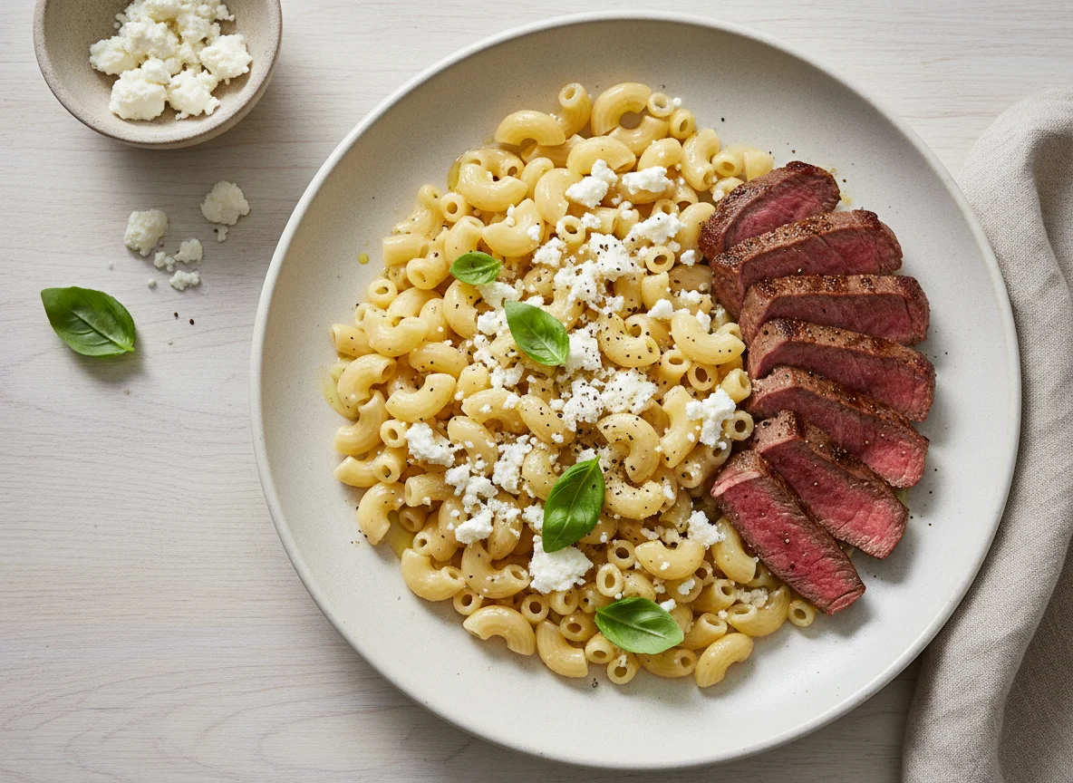 Pasta with Feta and Beef Steaks photo
