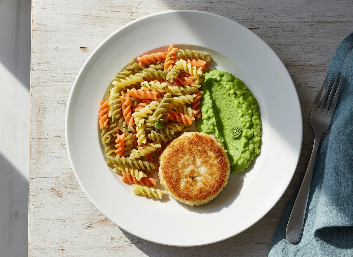 Pasta with Fishcake and Mushy Peas photo