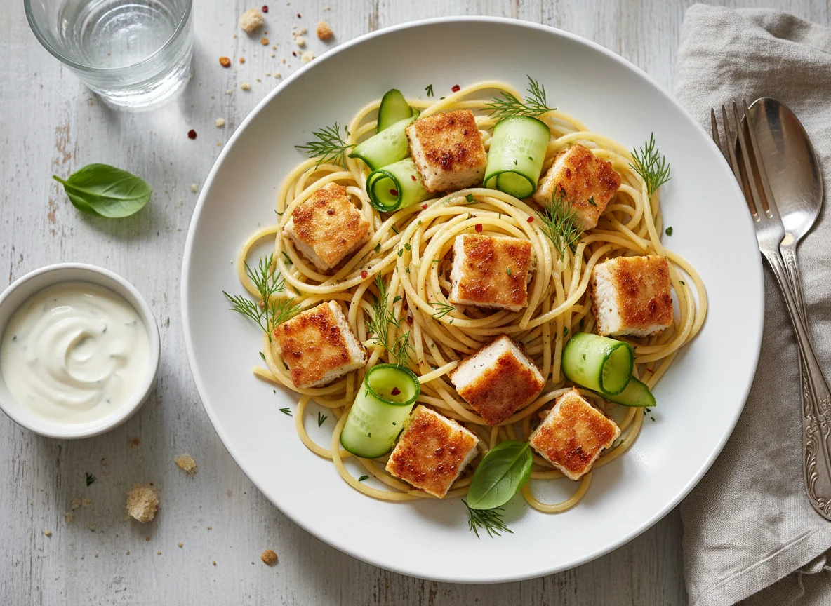 Pasta with Fried Chicken and Cucumbers photo