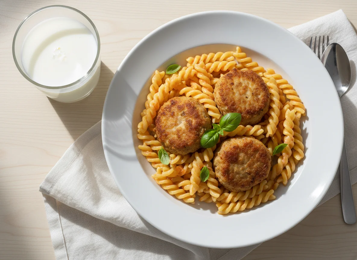 Pasta with Fried Meatballs and Milk photo