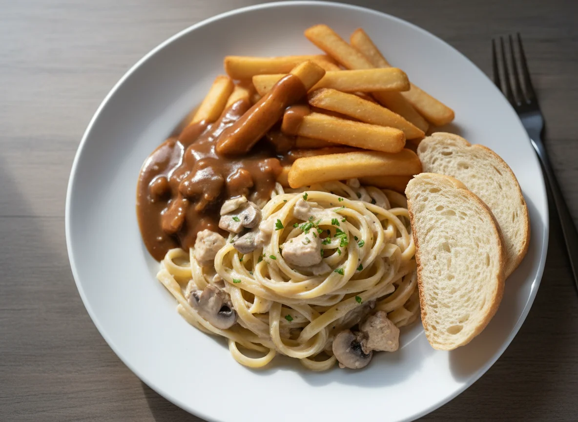 Pasta with Fries and Gravy photo
