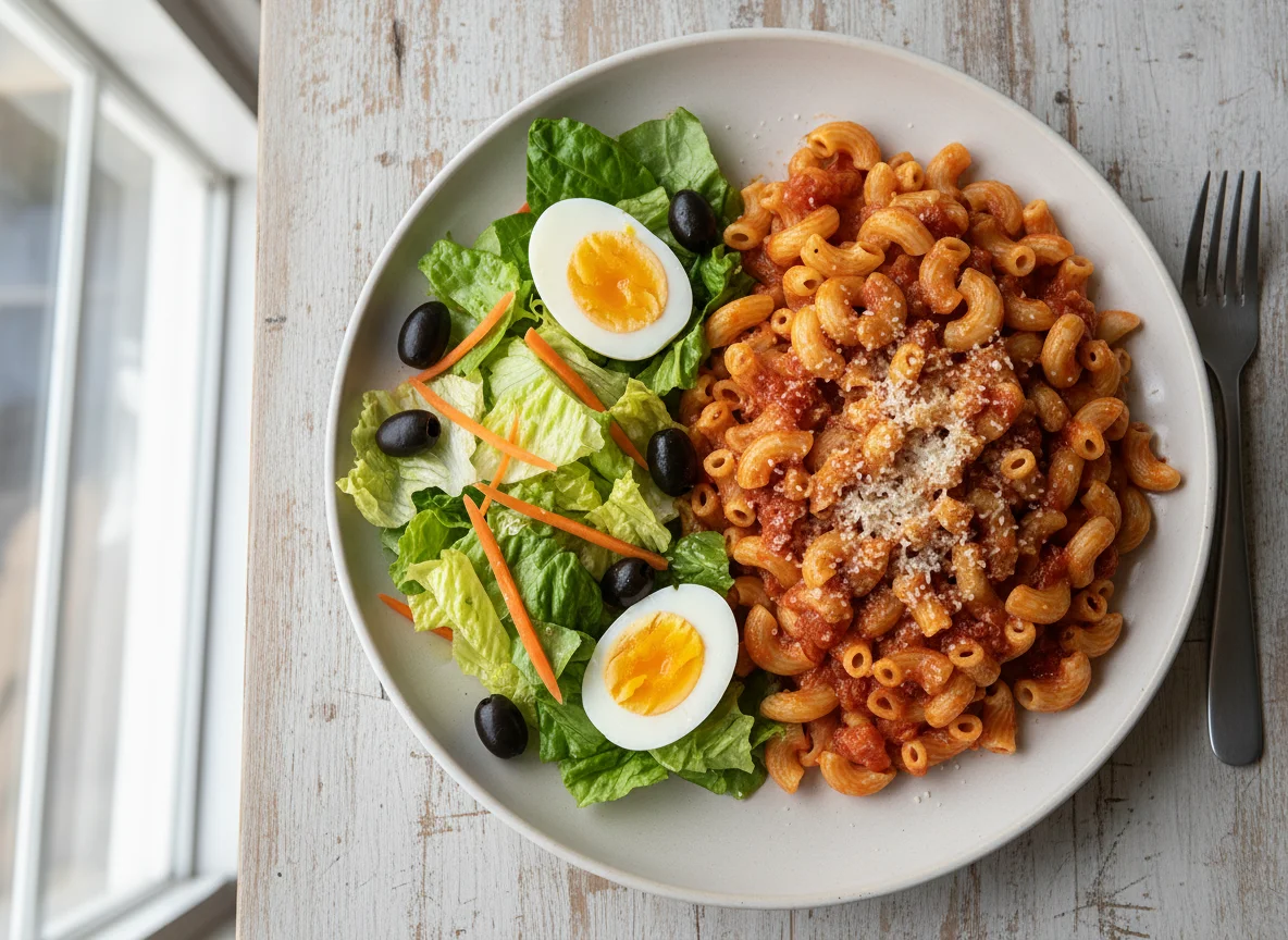 Pasta with Garden Salad and Hard-Boiled Egg photo