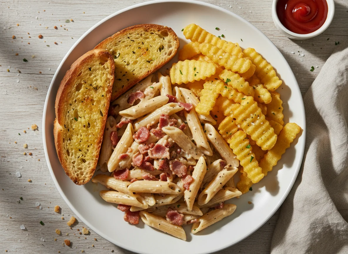 Pasta with Garlic Bread and Chips photo