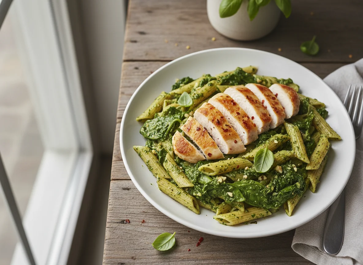 Pasta with Green Sauce and Pan-Fried Chicken photo