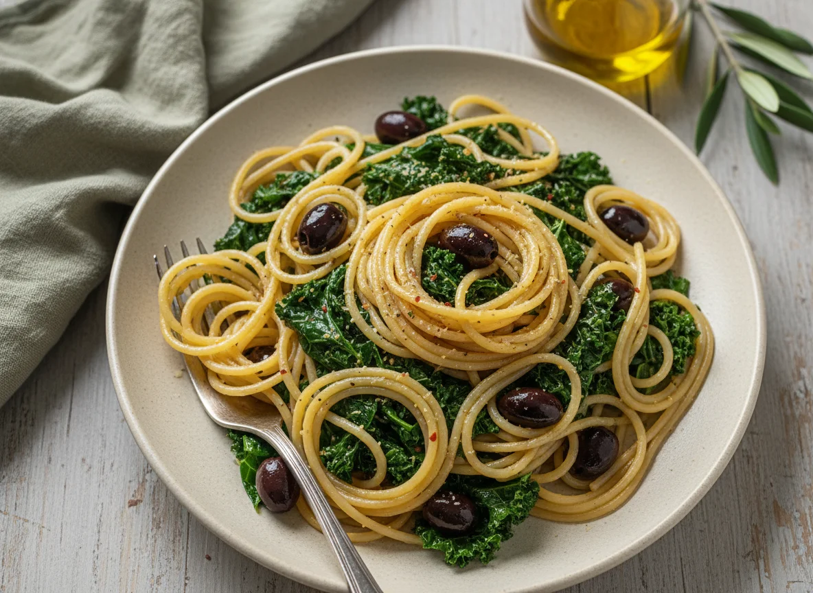 Pasta with Greens and Black Olives photo