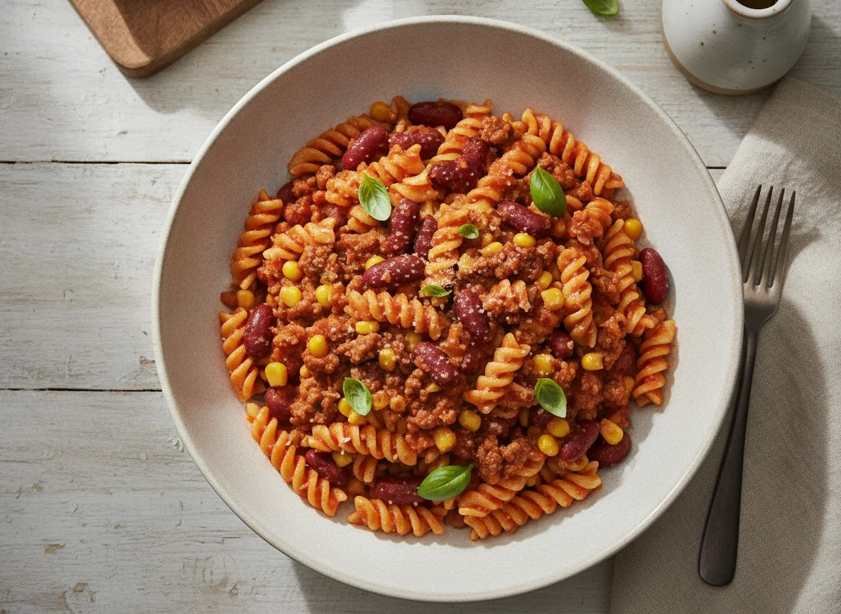 Pasta with Ground Beef, Beans, and Corn photo