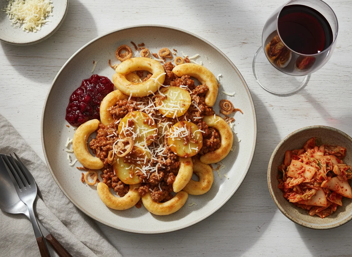 Pasta with Ground Meat and Potatoes, served with Lingonberry Jam, Red Wine, Kimchi, and Crispy Onions photo