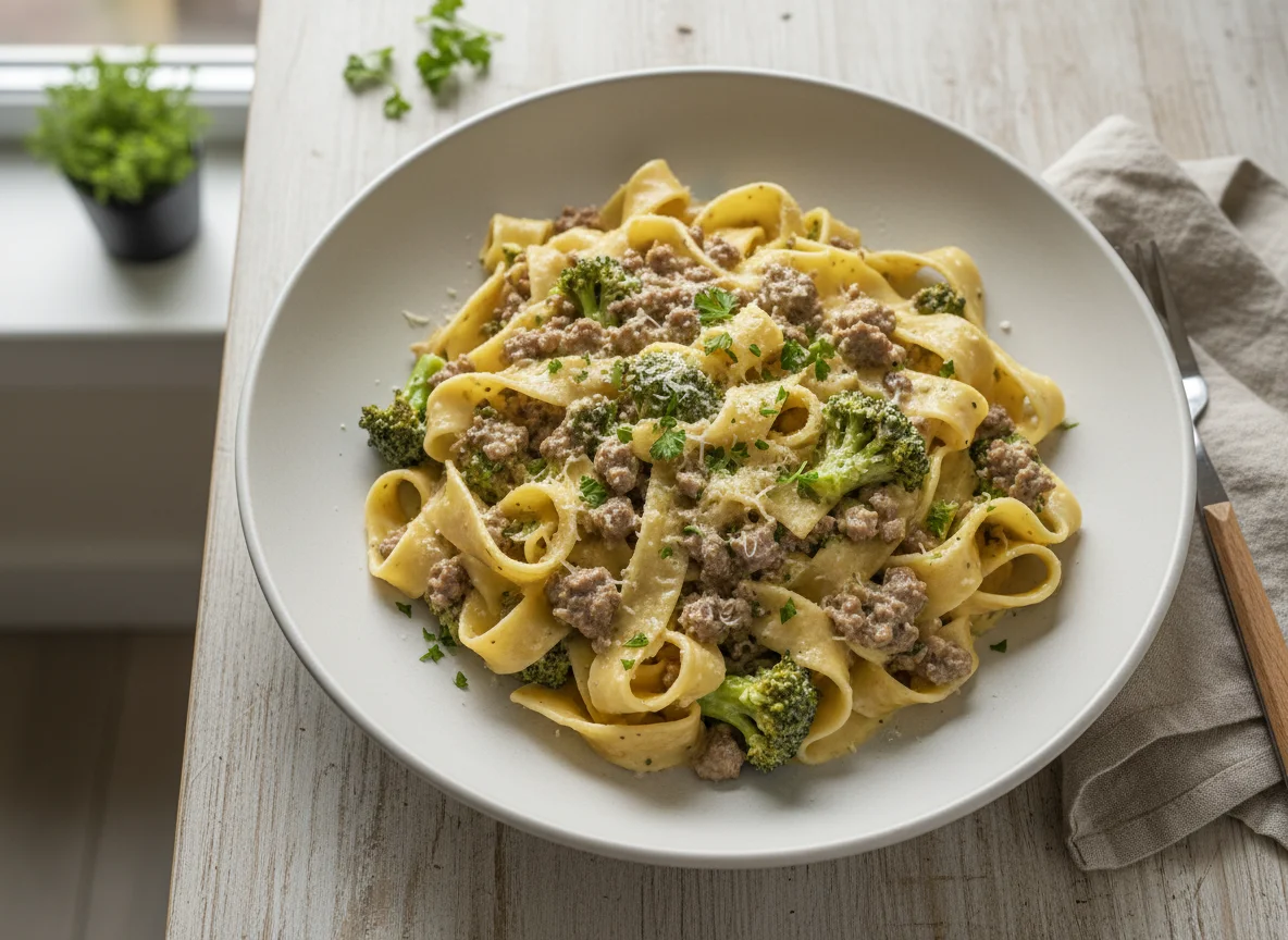 Pasta with Ground Meat, Broccoli, and Cream Sauce photo