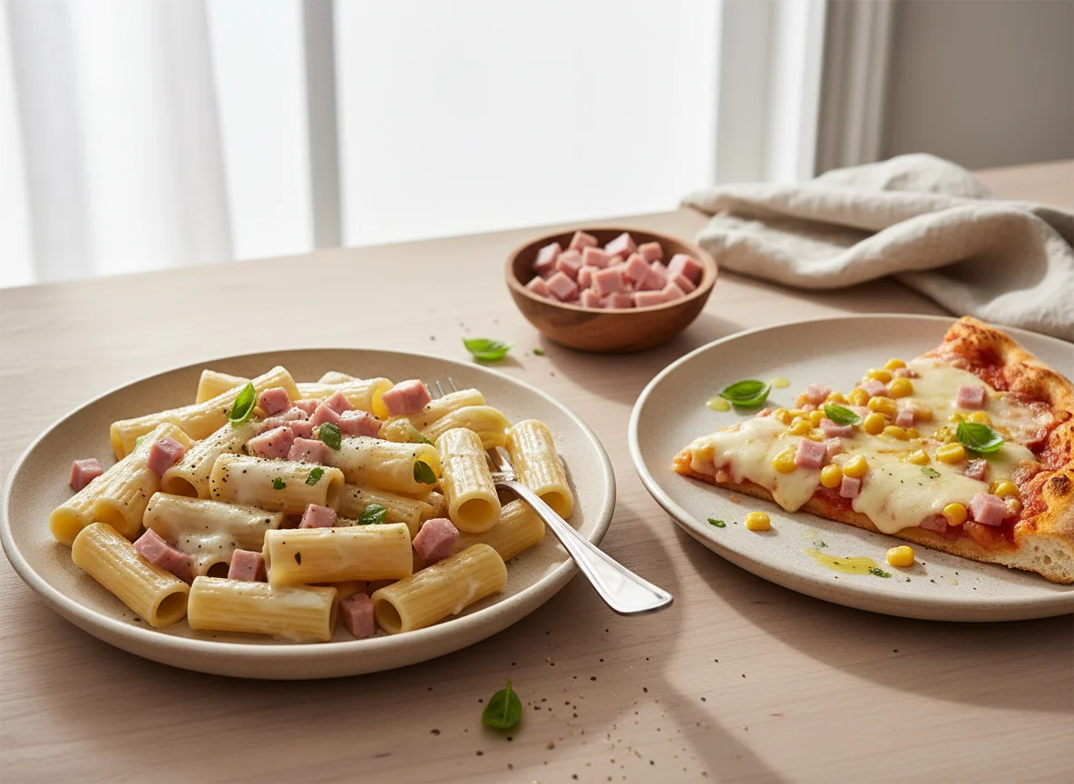 Pasta with Ham and Pizza photo