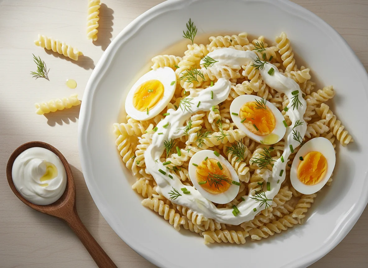 Pasta with hard-boiled egg and dressing photo