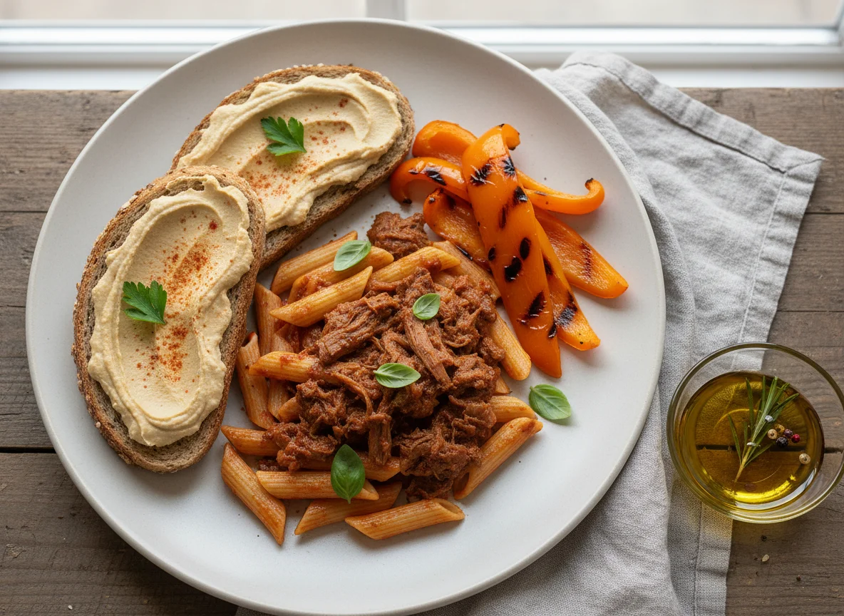 Pasta with meat, hummus toast, and bell pepper photo