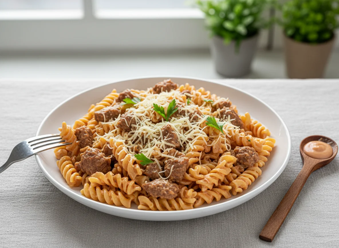 Pasta with Meat Patties, Cheese, and Sauce photo